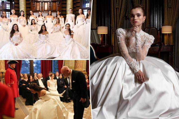 Young high-class debutantes decked out in white bridal-like gowns attend Queen Charlotte's Ball