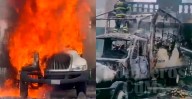 Encapuchados incendian camión frente al Campo Militar 1-A durante protesta por Ayotzinapa, en CDMX