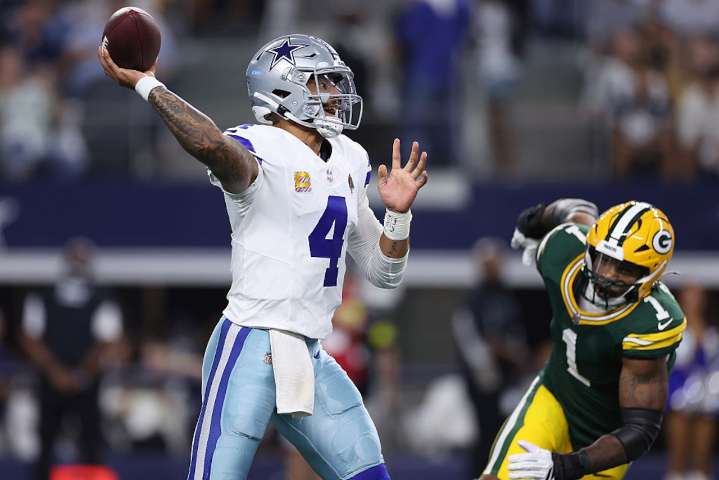 Cowboys quarterback Dak Prescott reacts to facing Micah Parsons for first time