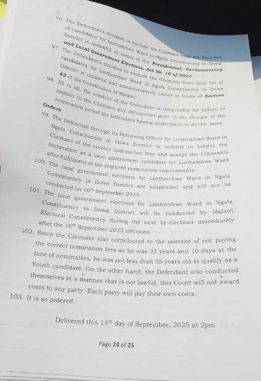 MEC Under Fire as Court Suspends Linthembwe Councillor Poll