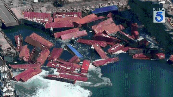 VIDEO: Dozens of cargo containers spill into California port