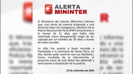 Ate: encuentran a niña de 11 años que fue reportada como desaparecida