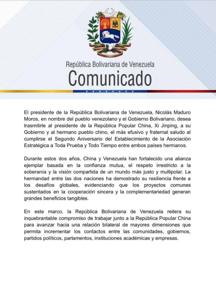 Venezuela celebra aniversario de “asociación estratégica” con China