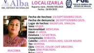 Buscan a Iracema, desaparecida en Mazatlán desde el 23 de septiembre