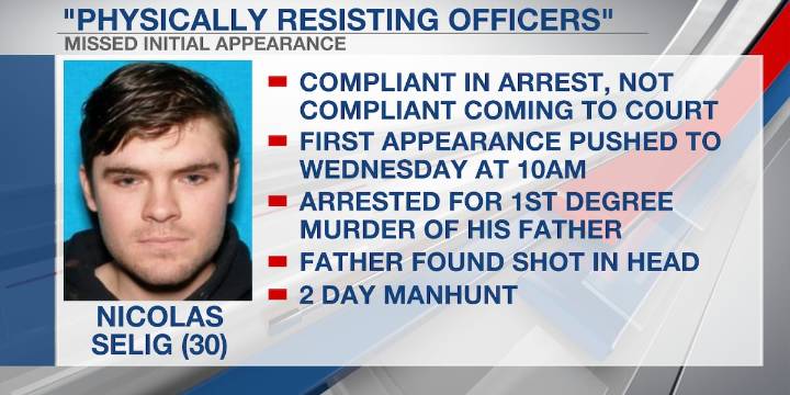 Authorities say Selig was compliant in his arrest but physically resisted officers over going to his initial appearance
