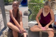 Woman Struggles to Remove Shoe After It Gets Stuck Up Her Leg at Zoo (Exclusive)