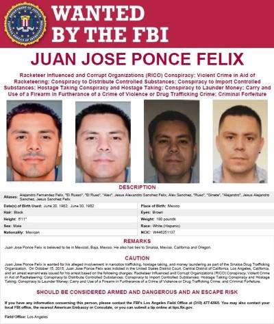 EEUU ofrece 5 MDD por información de Ponce Félix, líder del Cártel de Sinaloa y 'Los Rusos'