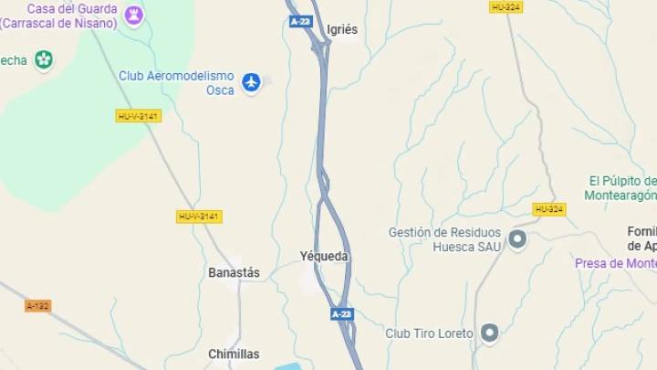 Un coche vuelca en la A-23 a la altura de Igriés y provoca el corte de un carril