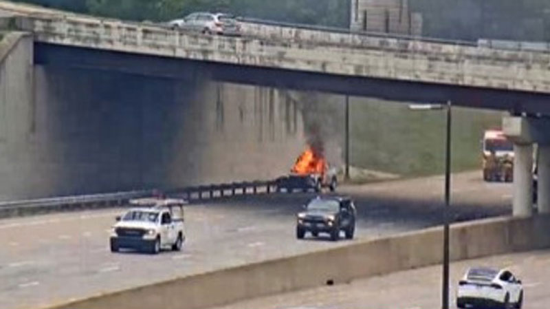 Car catches fire on I-40 under bridge in North Little Rock