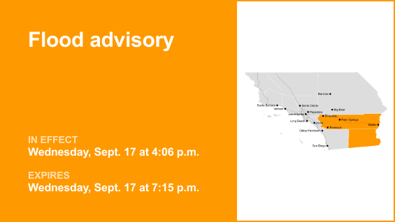 Update: Riverside County under a flood advisory Wednesday evening caused by substantial rain