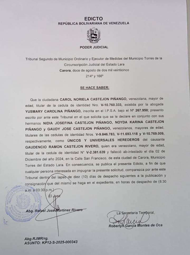 Edicto – Solicitud de Declaración de Únicos y Universales Herederos solicitado por la ciudadana Carol Noriela Castejón Piñango, asunto: KP12-S