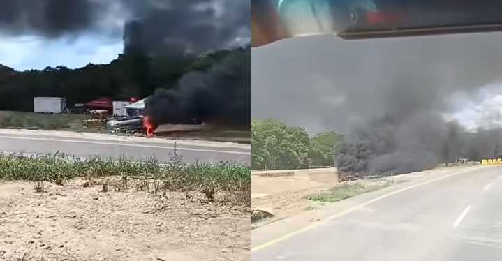 Hombres armados incendian vehículos en la vía Zambrano - El Carmen Varios vehículos y maquinaria de la compañía Yuma resultaron calcinados en el violento ataque.
