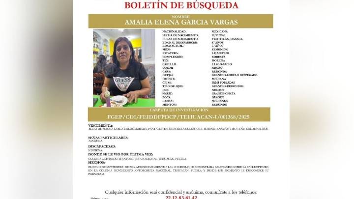 Emite FGE boletín de búsqueda de Amalia Elena García, presuntamente privada de su libertad en Tehuacán