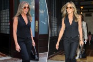 Jennifer Aniston wears a suit with new Aupen Nova bag in NYC
