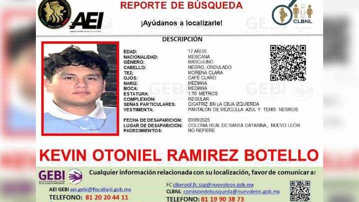 Desaparece Kevin Otoniel, joven de 17 años, en Santa Catarina, Nuevo León