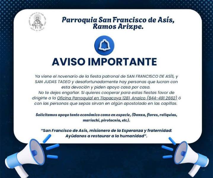 Iglesia de Ramos Arizpe alerta sobre fraudes con colectas religiosas