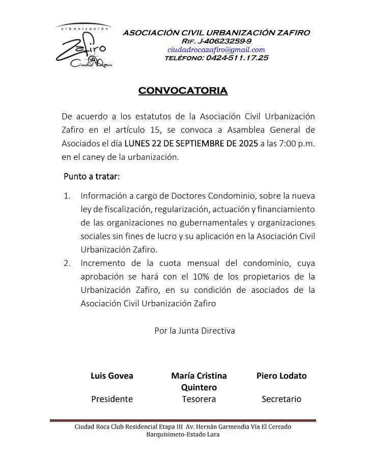 Convocatoria – Asamblea General de Asociados de la “Urbanización Zafiro”