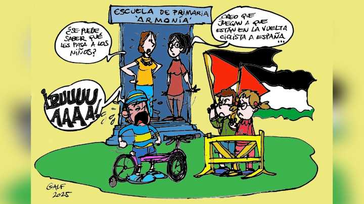 Las protestas a favor de Palestina durante La Vuelta, en la viñeta gráfica de Alfredo Boto