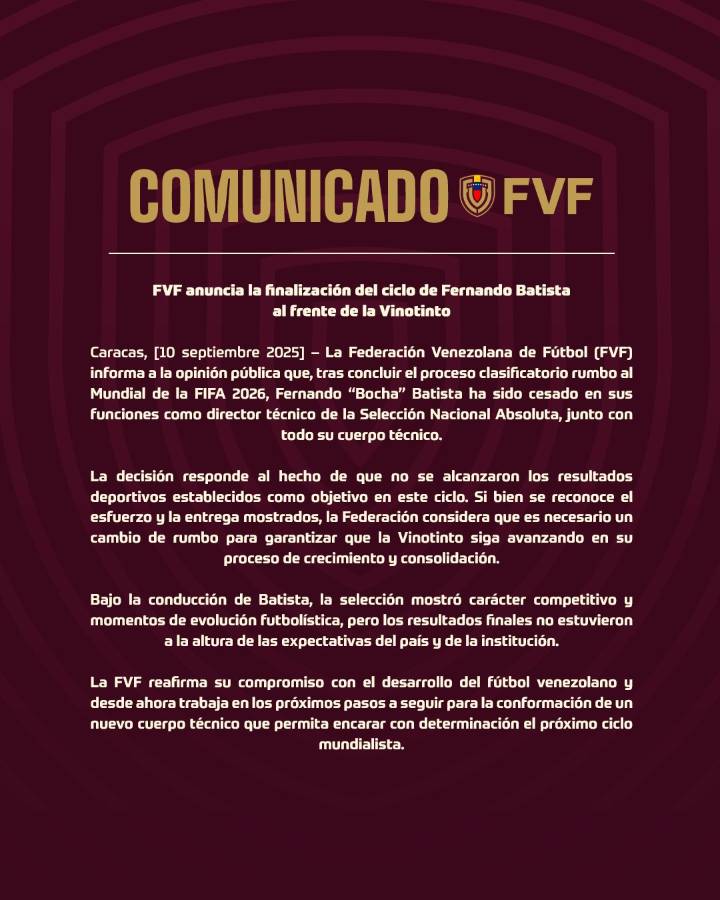 FVF confirma salida del ‘Bocha’ Batista de La Vinotinto: «No se alcanzaron los resultados»
