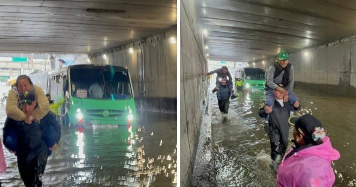 Rescatan policías a 63 pasajeros de camión varado por lluvia