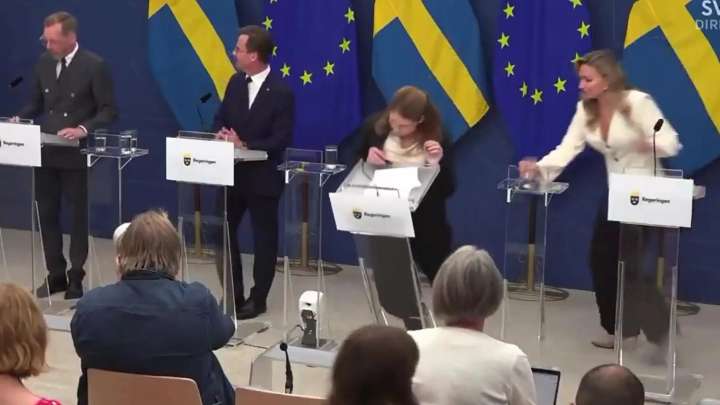 Shocking moment Sweden's health minister Elisabet Lann collapses during press conference