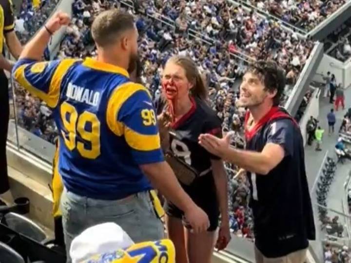 Woman bloodied during brawl in stands at Texans
