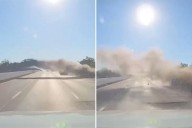 Airborne car rockets over 4 lanes of highway in insane video of smoky wreck