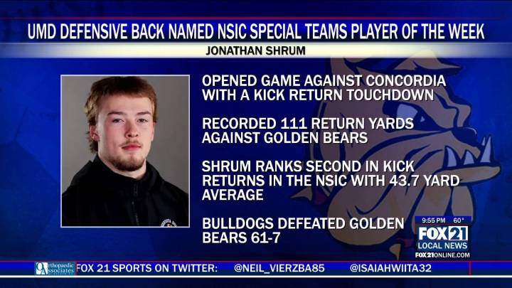 UMD Defensive Back Jonathan Shrum Named NSIC Special Teams Player of the Week