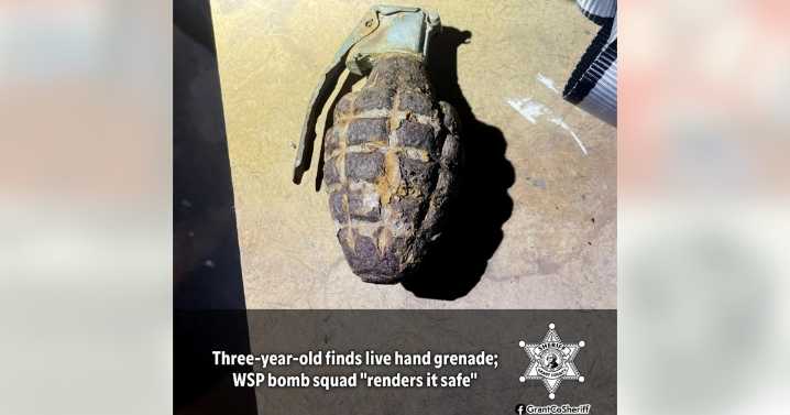 3-year-old finds weathered, live hand grenade in Grant County front yard
