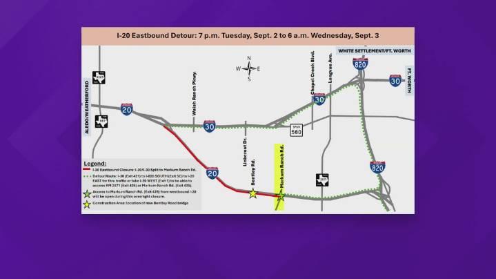Tarrant County I-20 lane closures start Sept. 2