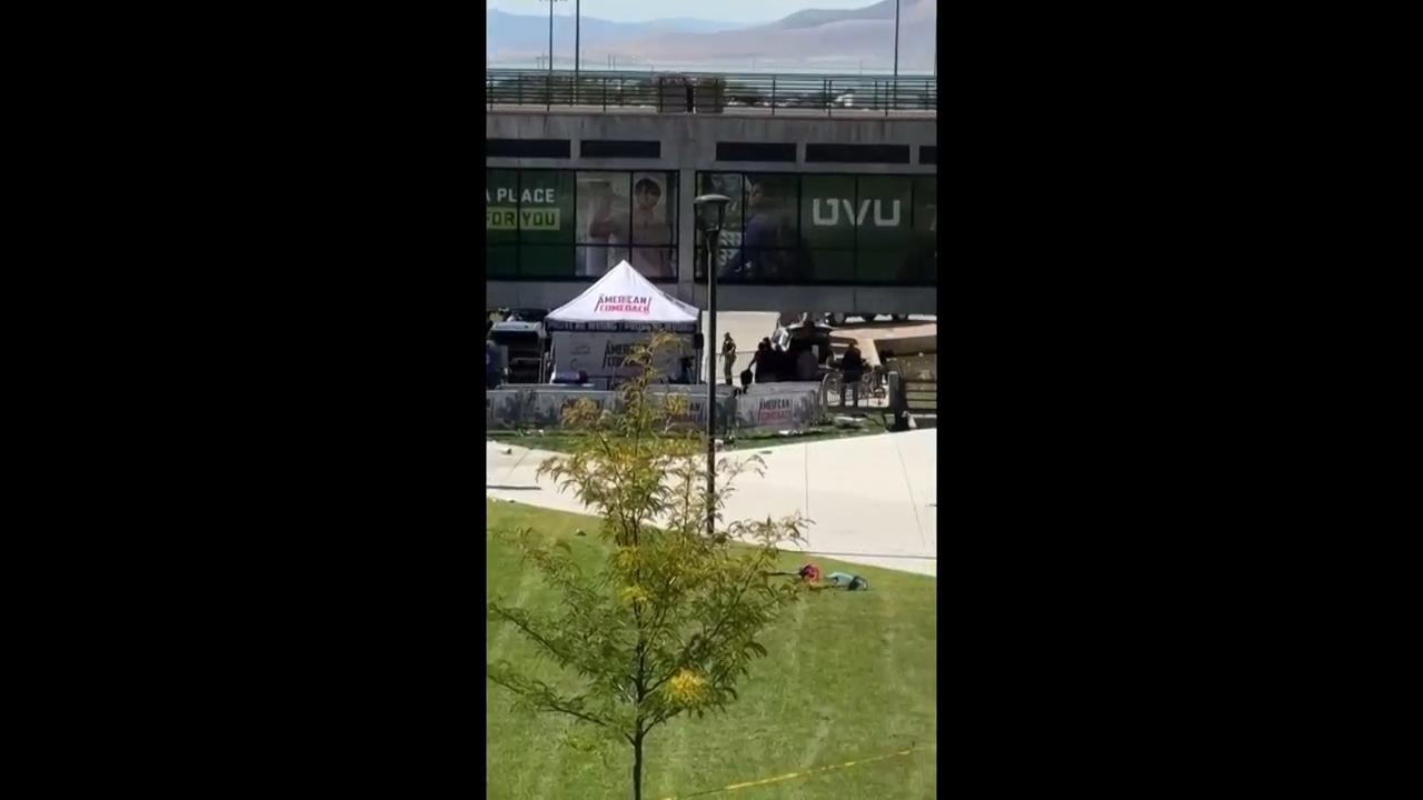 Crowd seen running away and law enforcement securing scene after Charlie Kirk was fatally shot