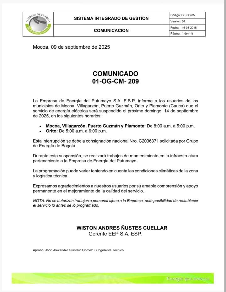 Nueva suspensión del servicio de energía en municipios del medio y bajo Putumayo