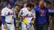 Mets catcher Francisco Alvarez in celebratory spirits after taking fastball to the elbow