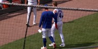 Pete Crow-Armstrong exits after fouling ball off right knee