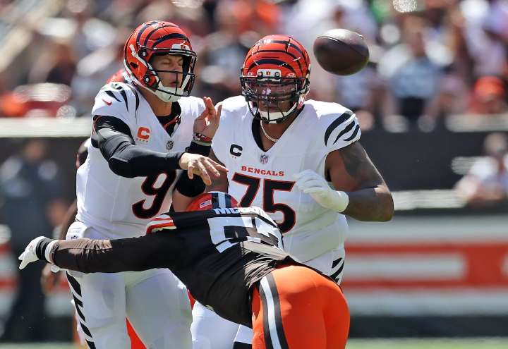 How have the Bengals failed to build a great offensive line since drafting Joe Burrow in 2020?
