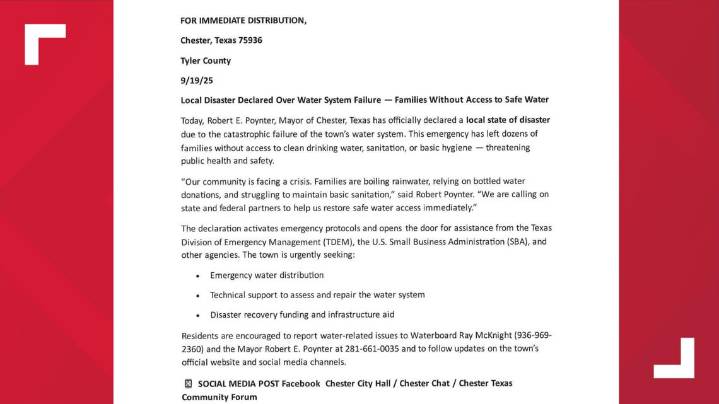 Chester mayor in Tyler County declares disaster following 'catastrophic' water system failure
