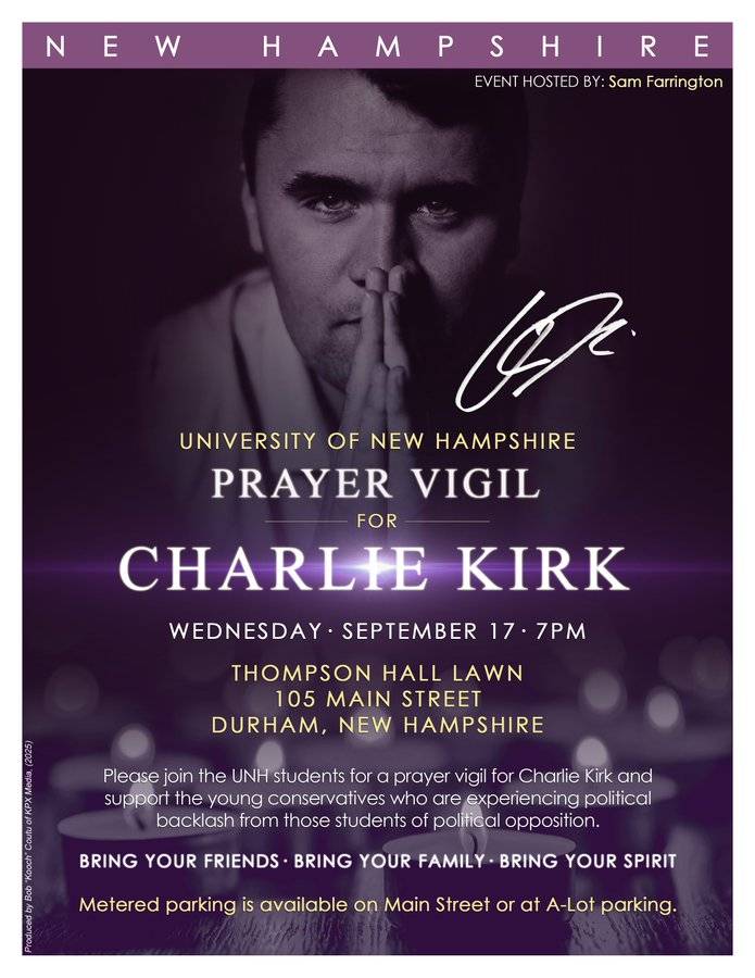 UNH Vigil Planned to Honor Charlie Kirk Wednesday Amid Political Tensions