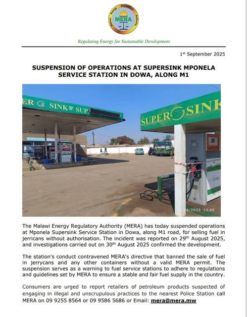 MERA Suspends Supersink Fuel Station in Mponela for Illegal Fuel Sales