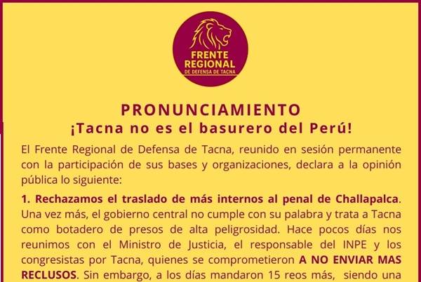 TACNA CONVOCAN A GRAN MOVILIZACIÓN CONTRA EL TRASLADO DE REOS A CHALLAPALCA
