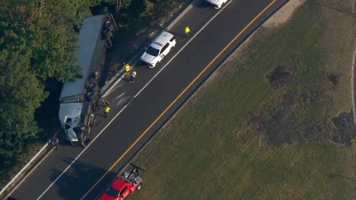 Tractor trailer overturns while trying to get onto NJ Turnpike