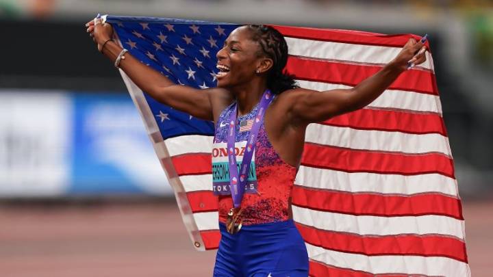 American Melissa Jefferson-Wooden wins world title in women’s 100m and sets championship record