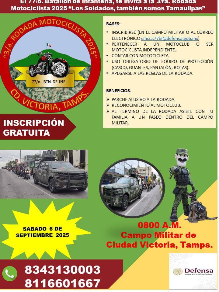 Invita SEDENA a Tercera Rodada Motociclista en Victoria