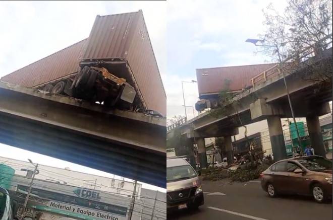 Video: Tráiler queda a punto de caer de puente en Naucalpan
