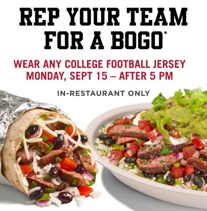 Wear college football jersey, score BOGO entrée at Chipotle, Sept. 15