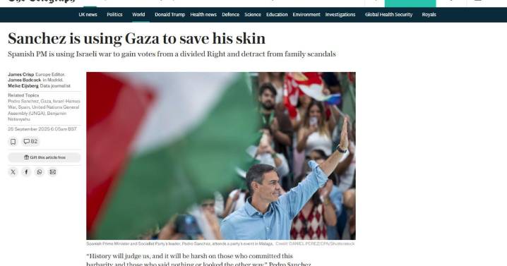 'The Telegraph' acusa a Sánchez de «usar Gaza para salvar su pellejo» y tapar sus «escándalos familiares»