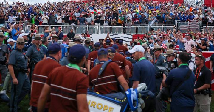 Police intervene as rowdy Ryder Cup fans 'fight in stands' as toxic tournament stands on brink of combustion