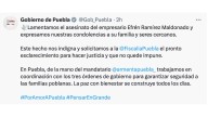 Condena gobierno de Puebla asesinato del empresario Efrén Ramírez Maldonado