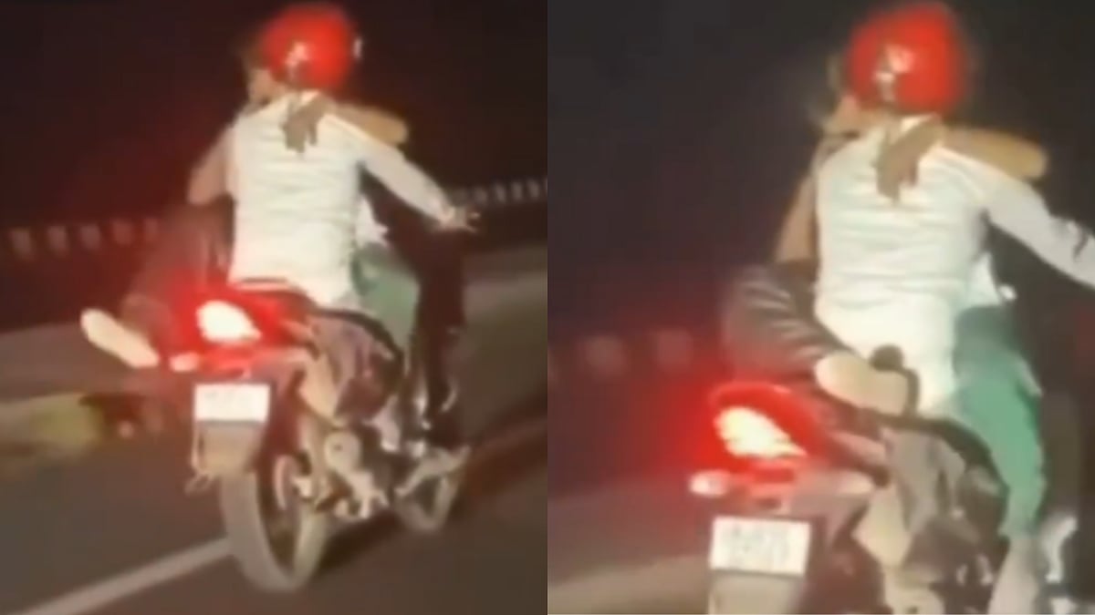Filmy Romance On Moving Bike: Woman Sitting On Tank Tightly Cuddles Partner, Indulges In Steamy PDA In Ajmer; VIDEO