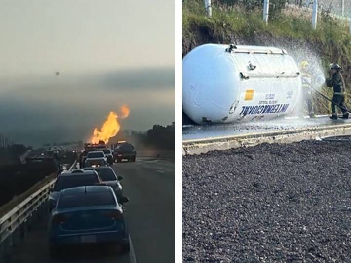 Suman 7 horas de cierre en la autopista México-Puebla tras volcadura de pipa
