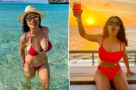 Salma Hayek wears a red bikini to celebrate her 59th birthday